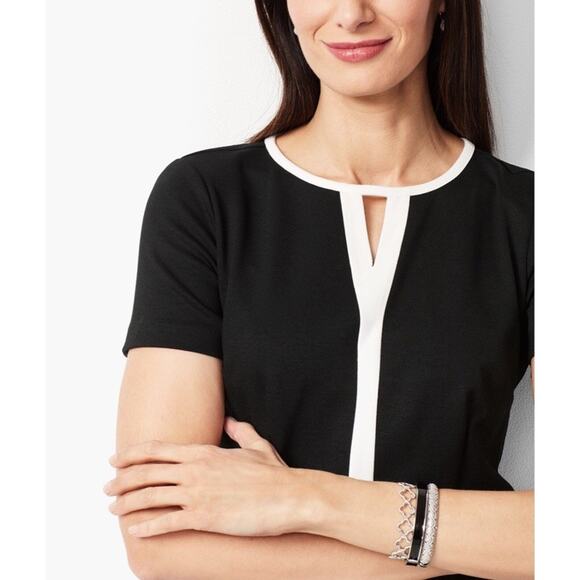 TALBOTS PONTE KNIT DRESS SIZE 6-BLACK-IVORY TRIM-BACK ZIP & SLIT-SHORT SLEEVES - Picture 3 of 11